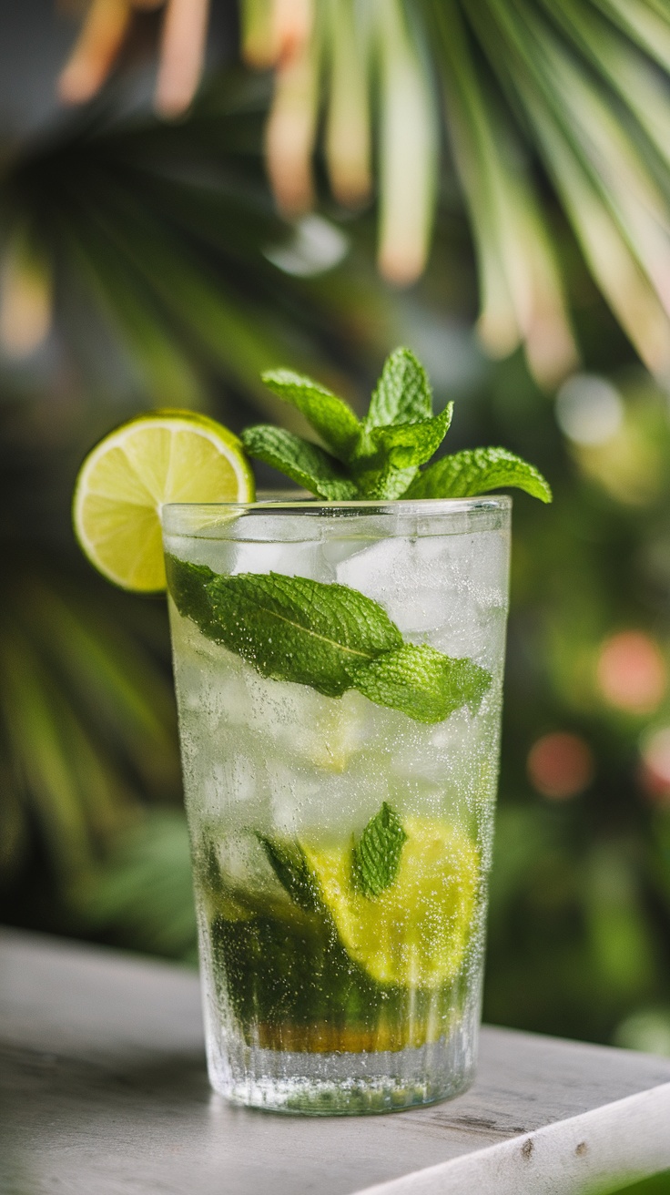 A tall glass of Mojito Verde cocktail with mint and lime, set in a sunny garden.
